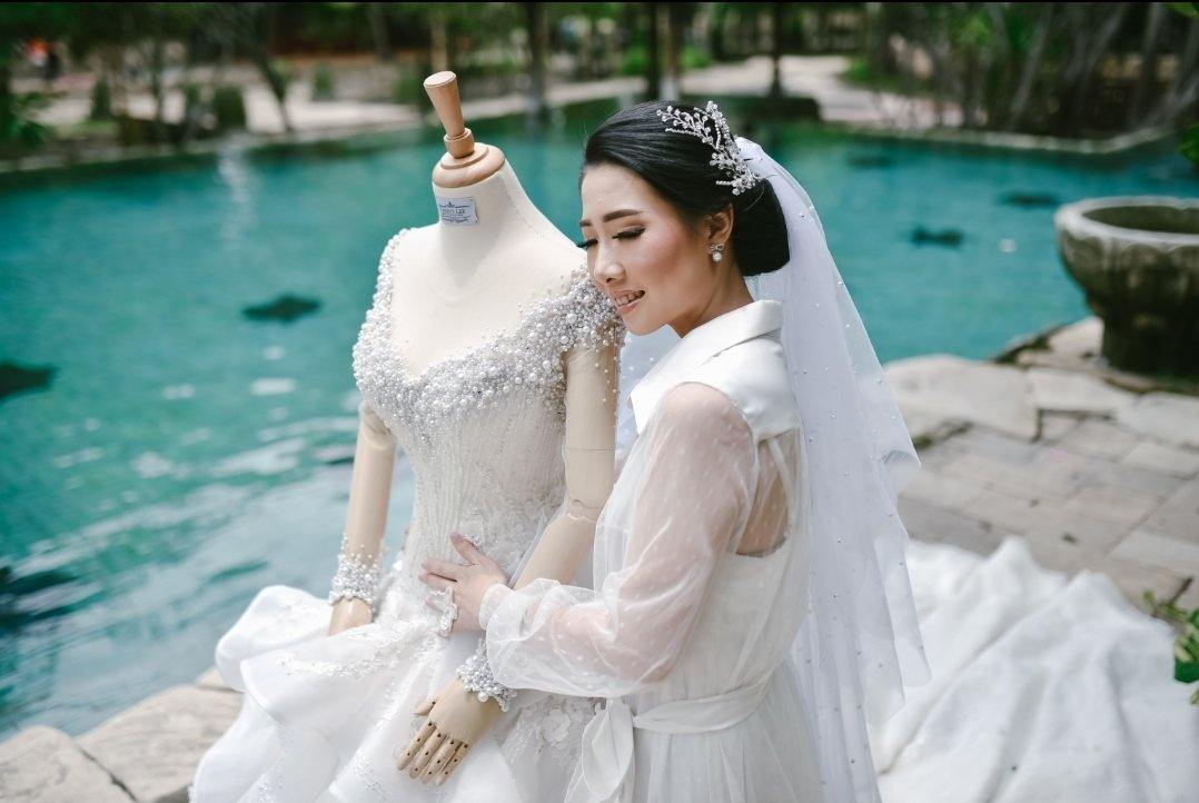 designer wedding dress indonesia DreamDress By PMN Rubina Ao Dai Inspired White Wedding Dress Gown Illusion Bolero Neckline Open Back Corset Couture French Lace Chapel